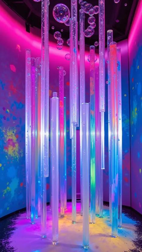  Conceptual Installation Artwork,  Clear Acrylic Long Cylindrical Rods and Iridescent Bubbles , And beautiful　colorful fluorescent paint splashes , Mr.々Effects , Glitter Dust Effect,   Delicate and Dynamic Texture  ,  contrast between light and shadow , 2....