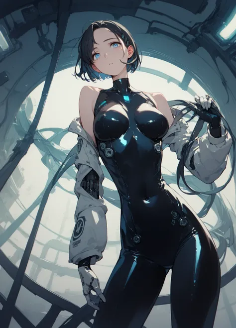  great quality,     top quality、Wears a full nude ， Her Breasts Are Super Soft ， pointed chest、   blue eyes，   with dark hair，  alone,  Inside a 1970's spaceship 、  latex rubber suit costume，  standing，Futuristic Glove Armor ，  show your crotch to the view...