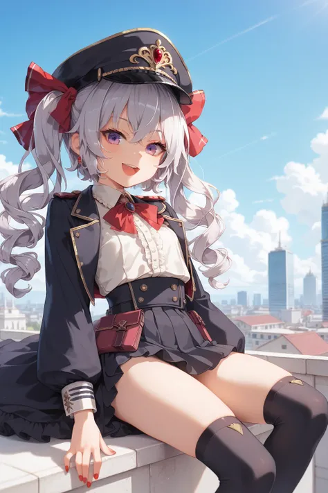 (( top quality)), (( Masterpiece)), (  Details: 1.4), ( absurd), silver hair, semi-long,Curly hair, Remilia Scarlet,Walk forward,  The sculptural body is characteristic ,  cheeky face with open mouth ,   covered in a black military uniform,  wearing a blac...