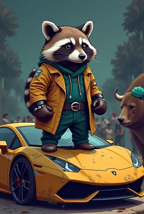 A **cartoon raccoon** (representing the "three raccoons in a trench coat" founder lore) wearing a **tattered MMA glove** on one hand and holding a **crescent moon** (for the "moon" meme) in the other. The raccoon is standing on top of a **crashed Lamborghi...