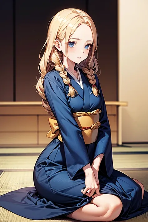 Beautiful woman with golden hair, big braids on her right side, sharp eyes, sitting on the floor in Seiza pose, with her hands placed in front of her lap, wearing a Japanese dress, sitting with her face bent but looking forward, straight angles facing the ...