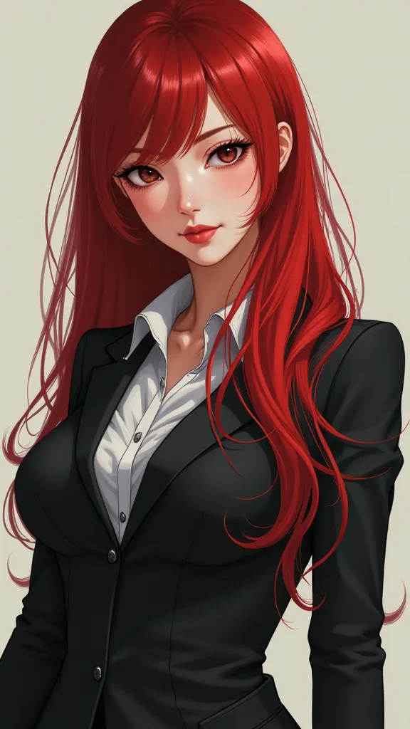  1 girl,  long hair, Bright red hair、 big breasts,  close your mouth,  Cool Expression 、simple background wearing a business suit,  japanese girl、