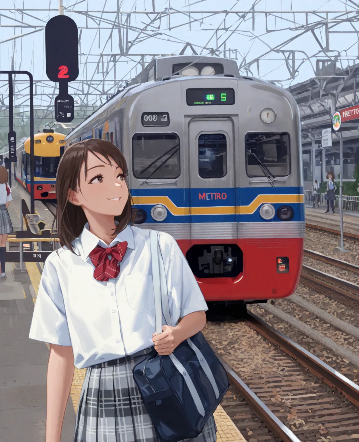 Masterpiece, hires, best quality, 2d, 1traim, silver color, red bumper, blue stripping, electric train, metro, transit, railway station, 5008, outdoor, 1girl, medium hair, smile, brown hair, white collared shirt, red bowtie, gray plaid skirt, school bag, s...