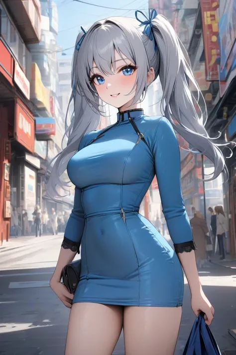  top quality,  masterpiece,   high res, 8k, (1 girl), Alone, (((cowboy shot))),   Silver hair, blue eyes,  Russian Beauty , Beautiful breasts, Walking through the streets of Akihabara , smile,  light blue mini dress,  Straight Twin Tails