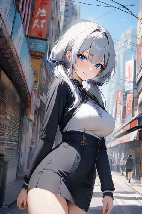  top quality,  masterpiece,   high res, 8k, (1 girl), Alone, (((cowboy shot))),   Silver hair, blue eyes,  Russian Beauty , Beautiful breasts, Walking through the streets of Akihabara , smile,  light blue mini dress,  Straight Twin Tails