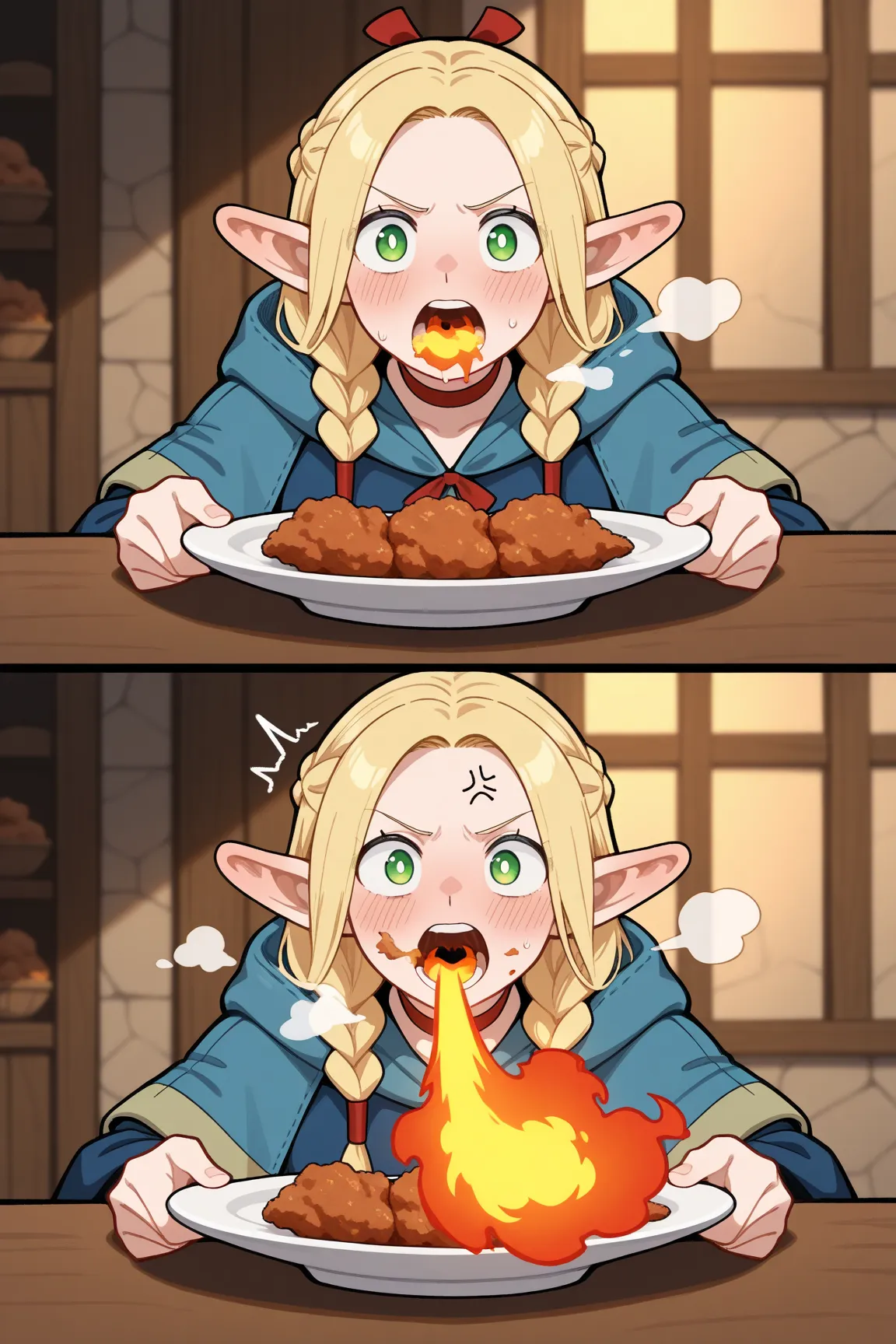 1girl, marcille donato, twin braids, red ribbon, (bright red face, blush:1.3), anger vein, red choker, hooded blue capelet, hood down, blue dress, holding a bitten spicy fried chicken in her hand, A plate of heaping spicy fried chicken on the table, BREAK,...