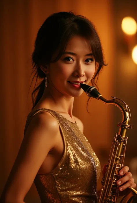 (   high definition  , 4K, 8k,   nothing ,   masterpiece: 1.2),  Very accurate, A beautiful young woman in a wide open gold dress is playing saxophone on an illuminated stage,   playing the cello on an illuminated stage  ,  18 year old Japanese girl starin...