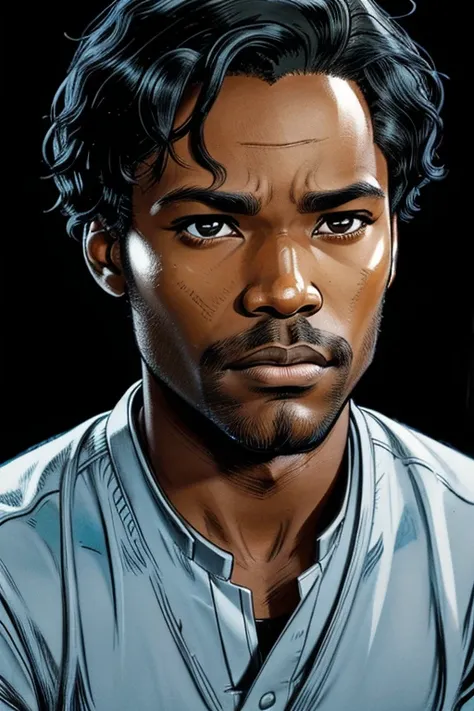 A handsome and pleasant-faced African American male with mid-length coily black hair. The male's facial features are a combo of Donald Glover + Sean Patrick Thomas. Comic-style realism animation mixed with digital painting. Polished and realistic effect. E...