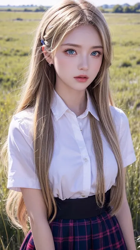   girl,  blonde,    facial details  ,  beautiful eyes,   red shirt,  alone,   hair ornament  ,   hair clips,   long hair,   dark blue checked skirt,  ,  Attention audience , lips,  In the grassland,   There's a horse next to it  ,   Full Body High Quality ...