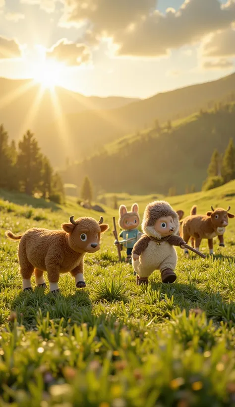 Labubu and friends are herding cows across a vast green pasture. The cows walk peacefully, and Labubu is holding a small wooden stick, pretending to be a real herder. Some friends run around while others pet the cows. The golden afternoon sunlight bathes t...