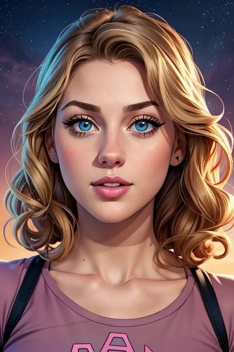 An attractive Caucasian female in her late 20s. The female's facial features are a combo of Melissa Benoist + Taylor Swift + Lili Reinhart + Lucy Boynton. The female has blond curls evocative of Alex Kingston as River Song in "Doctor Who". The female has p...