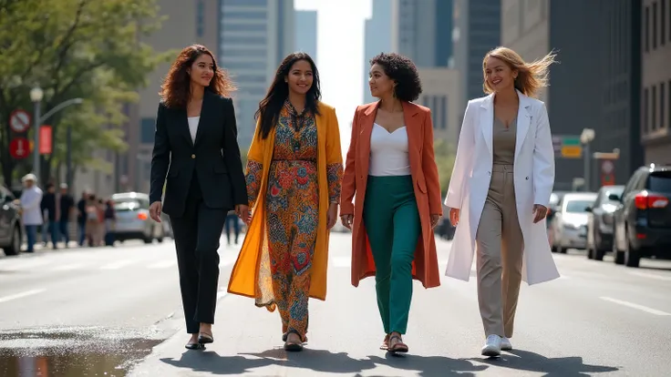 photography of four women smiling with different color skin and different profession dresses walking in the middle of the street