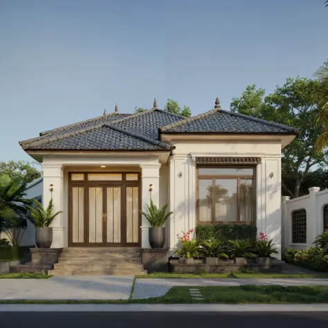 exterior of indochine villa, streetcapes, clear sky, few cloud, interior warm lighting, morning sunlight,minimalist landscaping, featuring lush greenery, textured walls, and natural materials. The villa is set under a blue sky with scattered clouds, casti...