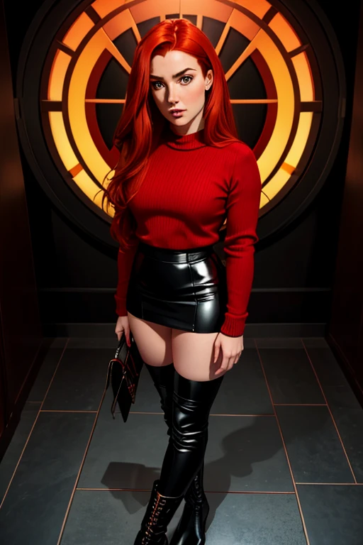 Camryn Grimes as Amy Pond in "Doctor Who". Amy wears a red sweater and a black leather skirt and black stockings and black boots. Symmetrical eyes. Symmetrical faces. Great details. Full-colored. Highly detailed 8K.