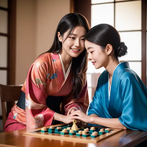 masterpiece,best quality,4k,face to face Japanese beautiful Two women are playing a balance game with a Shogi Breakdown on the table,smile,serious face,kimono,