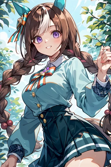 hokko tarumae (umamusume),brown hair,two-tone hair,twin long braids,purple eyes,horse girl,horse ears,ear cover,horse tail,