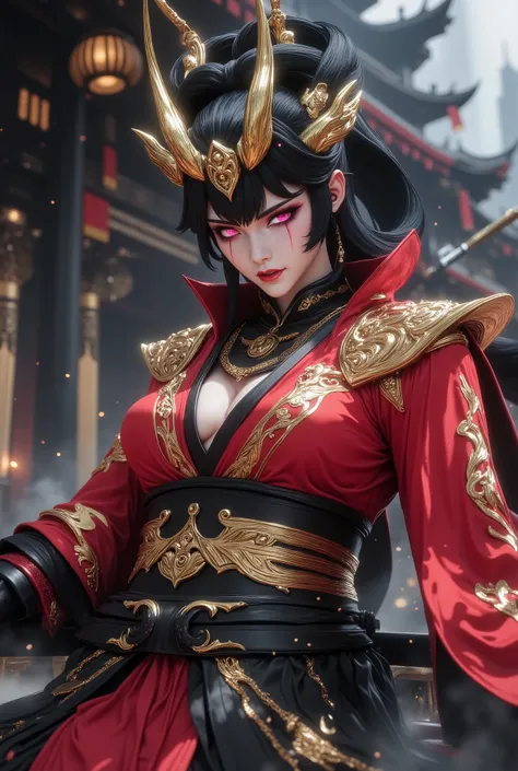  An oni girl with two horns , fierce in a traditional Japanese sitting position ,  wearing Chinese clothes ,  wielding a sword at the audience ,  emphasizing the perspective of the audience ,  a 3D rendering masterpiece with digital art techniques, Chinese...