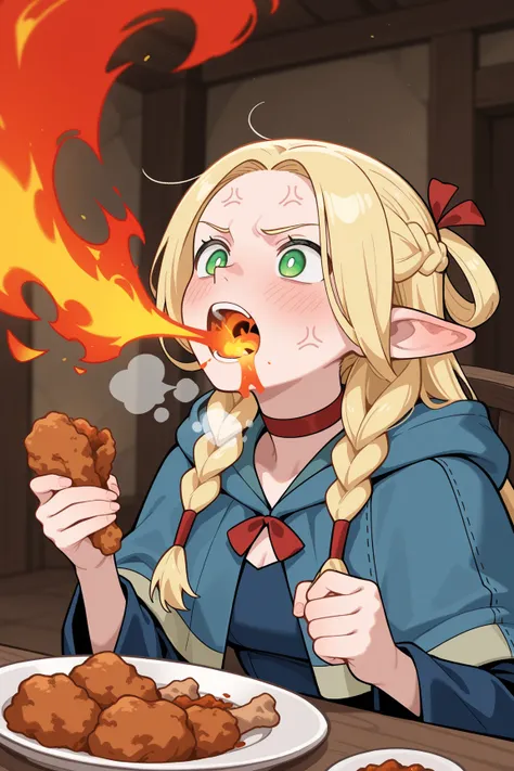 1girl, marcille donato, twin braids, red ribbon, (bright red face, blush:1.3), anger vein, red choker, hooded blue capelet, hood down, blue dress, holding a bitten spicy fried chicken in her hand, A plate of heaping spicy fried chicken on the table, BREAK,...