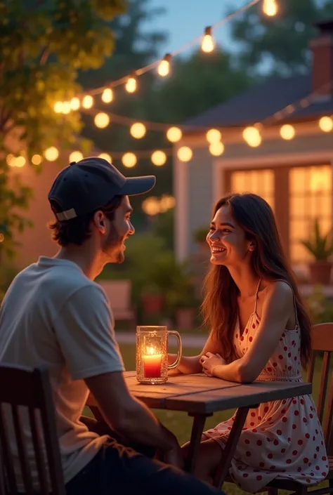 a smiling young brunette woman wearing a white dress with red dots sitting at a table talking to a young man wearing a baseball hat at an evening home backyard party, highest detail, highest definition, highest quality 