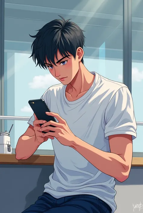 Anime pictures of a man playing on the phone