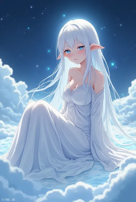 Cosmic-looking girl , Deity. Sitting resting in an eternal emptiness.  white hair. anime