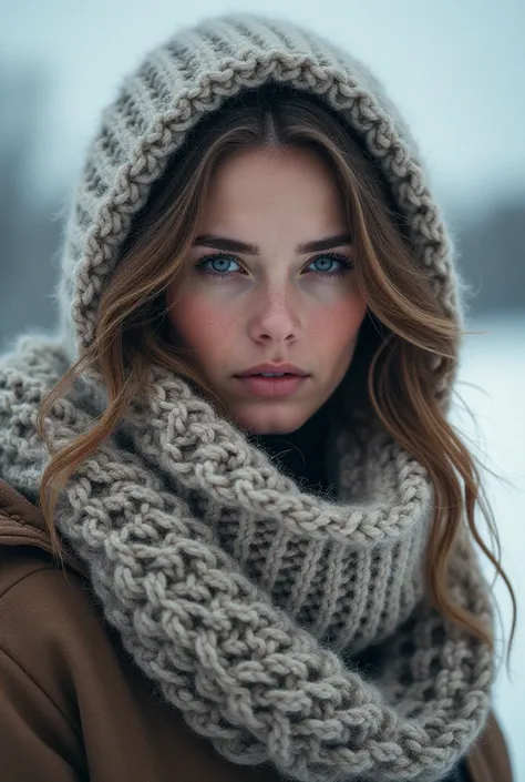 Create this woman in winter clothes looking at the camera 