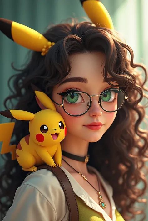 A girl in her 20s with long curly brown hair and white locks and green eyes wearing glasses with Pokémon pikachu on her shoulder 