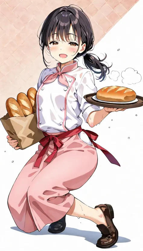 （best quality), high school students, a girl , solo, (lovely), (wearing beautiful detailed pastry chef clothes), black Hair, comb over hair, low ponytail hairstyle, {Narrowed eyes, cool brown eyes: 1.2}, full body, ((flat breasts)), background is the baker...