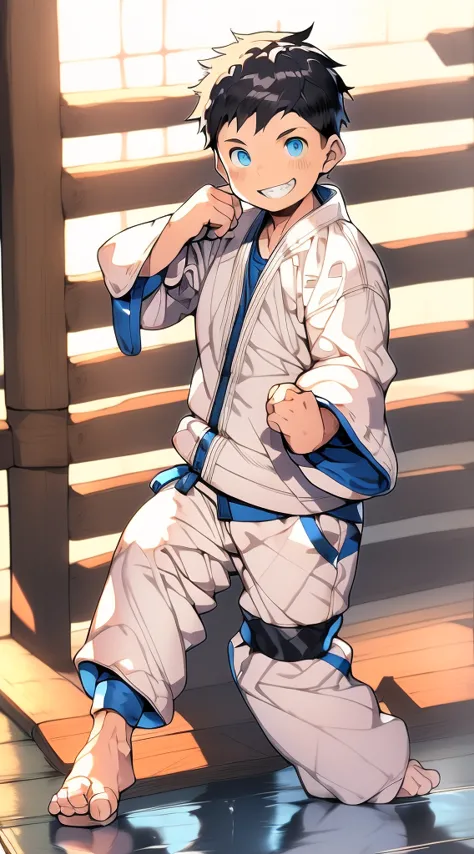 Masterpiece, chubby  with white hair and shiny bright blue eyes and barefoot wearing a hoodie, and oversized sweatpants sitting in a train, young, boy, , small, toddler, soft light, (sweatpants:1.4), (Boy:1.4), (Shota:1.4), (Young:1.4), (Male:1.4), (smilin...