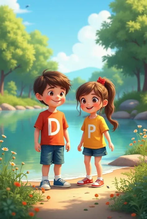 Boy t-shirt name D and girl t-shirt name P they are in a river side 