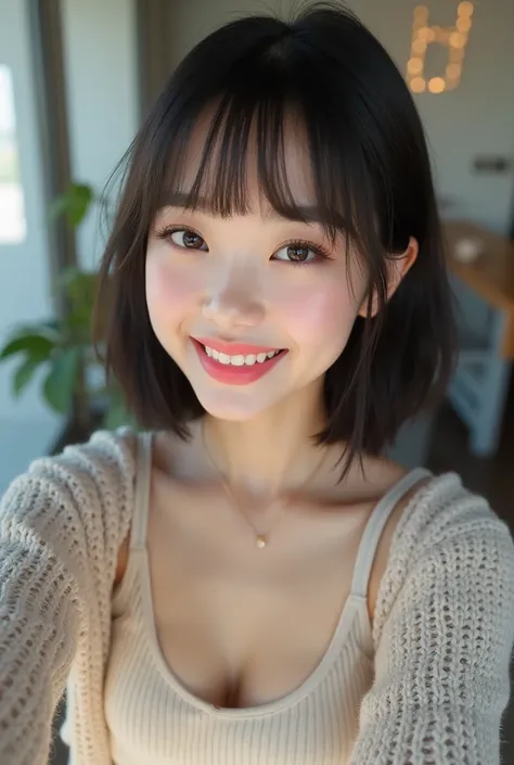  high definition、 real 、4K、 selfie style、bangs、20th Generation、 bob hair up to the shoulder、 knit 、 mini skirt、 cute、 medium boobs、indoor、Depiction of up to the foot