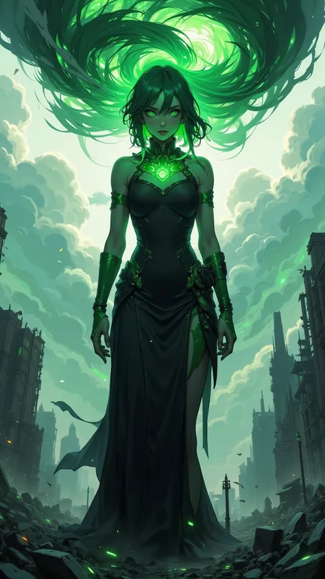  HD ， High detail，8k， Powerful and Proud Designs ，Tasma （ Storm Catastrophe ） Green-haired Woman ， Has Bright Emerald Eyes ， She Wears a Tight Black Dress Dress ， Tall Stitched Skirt ， standing in a ruined cityscape， Swirling Storm Clouds at the Top of Her...