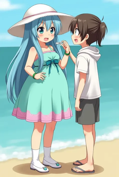 anime obese girl with big white sunhat long sky blue long hair blue eyes aquamarine halter dress pink trim at the bottom of the skirt white collar blue bow tied ribbon green bracelet with aquamarine stone on right wrist long socks and white shoes resemblin...