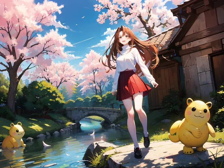 naru narusegawa, long hairs, yellow turtleneck, (red pleated skirt:1.1), looking at viewer, full body shot, sakura trees in background, blue sky, beautiful face, highly detailled eyes, masterpiece, absurdres