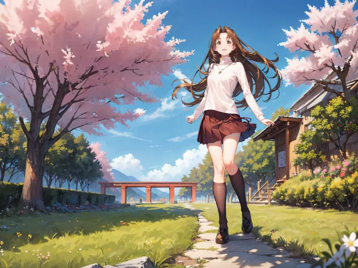 naru narusegawa, long hairs, yellow turtleneck, (red pleated skirt:1.1), looking at viewer, full body shot, sakura trees in background, blue sky, beautiful face, highly detailled eyes, masterpiece, absurdres