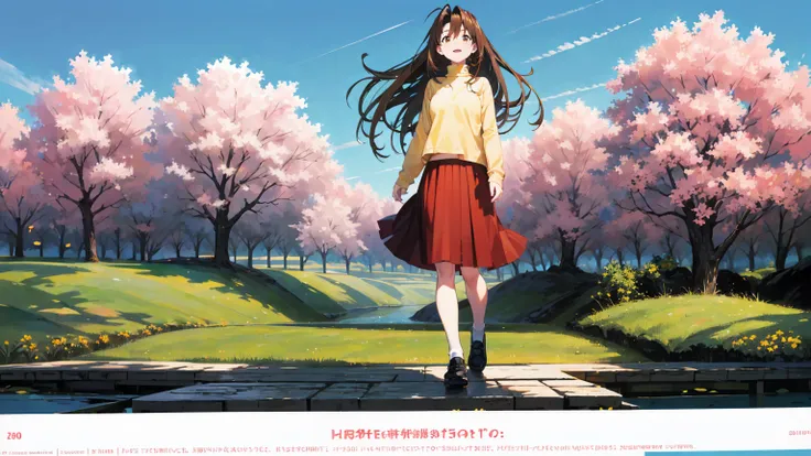 naru narusegawa, long hairs, yellow turtleneck, (red pleated skirt:1.1), looking at viewer, full body shot, sakura trees in background, blue sky, beautiful face, highly detailled eyes, masterpiece, absurdres