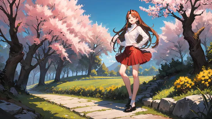 naru narusegawa, long hairs, yellow turtleneck, (red pleated skirt:1.1), looking at viewer, full body shot, sakura trees in background, blue sky, beautiful face, highly detailled eyes, masterpiece, absurdres