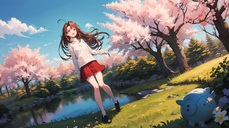 naru narusegawa, long hairs, yellow turtleneck, (red pleated skirt:1.1), looking at viewer, full body shot, sakura trees in background, blue sky, beautiful face, highly detailled eyes, masterpiece, absurdres