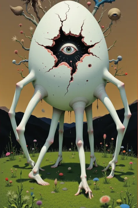 Image is a surrealist painting featuring an egg-like structure with a cracked surface, revealing a single eye at its center. The egg is positioned upright on a grassy landscape, with six human-like legs protruding from its sides, each bent at the knee and ...