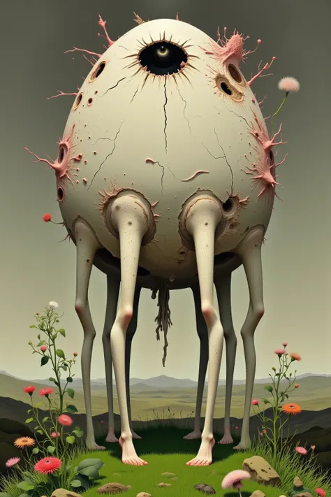 Image is a surrealist painting featuring an egg-like structure with a cracked surface, revealing a single eye at its center. The egg is positioned upright on a grassy landscape, with six human-like legs protruding from its sides, each bent at the knee and ...