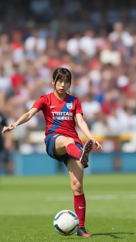 「A female soccer player taking a penalty kick. She is in mid-action, with her foot striking the ball. The player wears a soccer uniform with her team’s colors and logo, along with cleats. The setting is a sunny day at a stadium, with the goalpost and goalk...