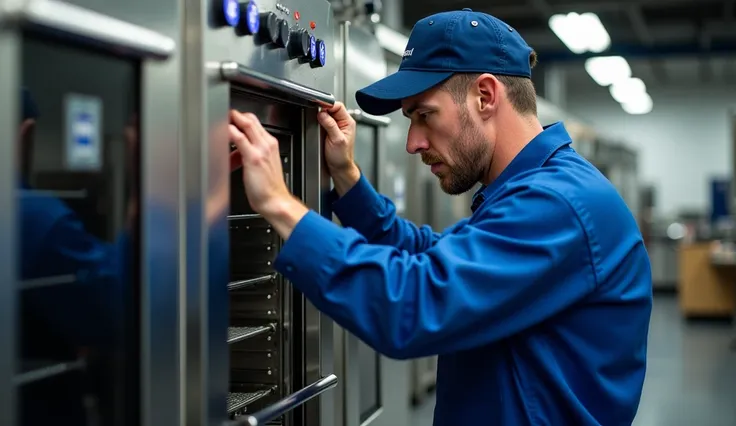 Banner for the site.   master man in blue uniform changes the glass in the oven. Text space on the right