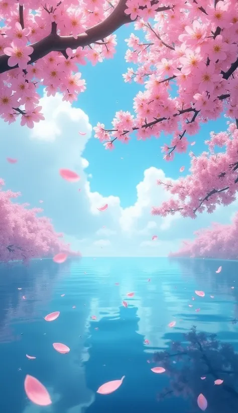 藝術作品,  Best Quality, (  HD CG 8K Unity Wallpaper) ( Best Quality), ( Best Illustration), ( better shadow ) nature&#39,  Blue Sea , Fine Leaves ,  Cherry Blossoms in the Air々Colorful petals, Tracking light , Super Redundant  