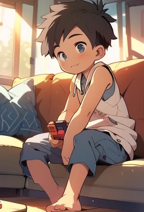 ((Masterpiece)), (best qualityer), (1boy:1.2), (:1.2), Sleeveless hoodie, In the room, Close-up, looks away, Barefoot, sitting in the couch, ((From the front below)), (Press and hold the game controller),