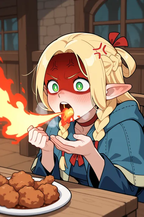 1girl, marcille donato, twin braids, red ribbon, (bright red face, blush:1.3), anger vein, red choker, hooded blue capelet, hood down, blue dress, holding a bitten spicy fried chicken in her hand, A plate of heaping spicy fried chicken on the table, BREAK,...