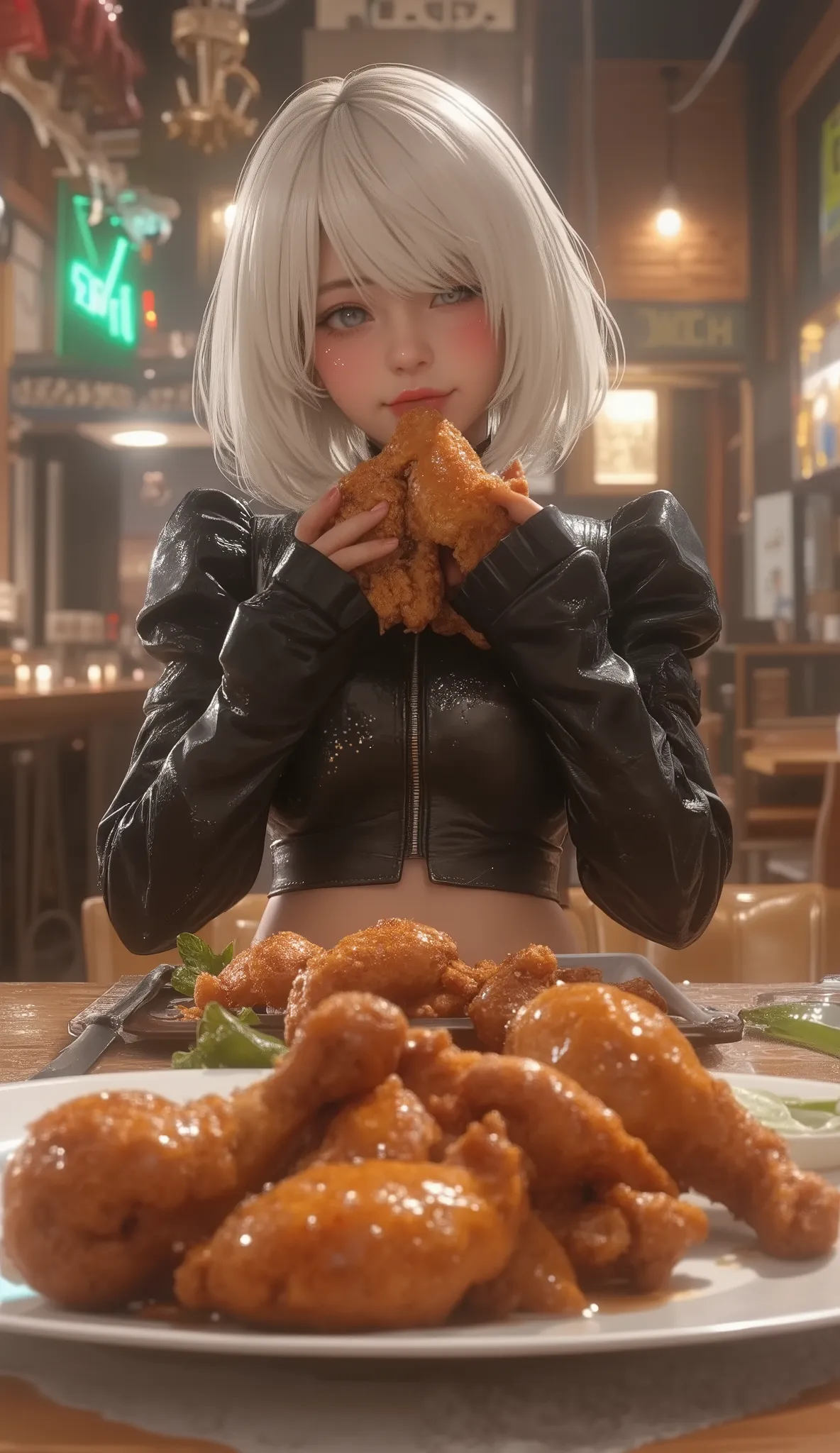 ((Delicate))，( Japanese anime style,  manga:1.25), ( top quality:1.6), (  super high resolution :1.5), (Dramatic:1.75),  8k resolution for kindergarten ren, Accurate hand expression、Mexican restaurant、dinner party, a dish of a lot of Spicy fried chicken le...