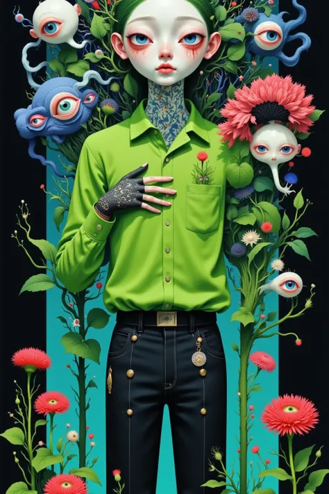    will include :
• The design of the head :   Giant eyes like the head  ,   But with a more detailed and vivid style  , with subtle veins  ,   Bright colors and light blue irises  .
 • Shirt and gloves  : A green long-sleeved polo shirt,外面穿着一件 blackT恤,手上戴...