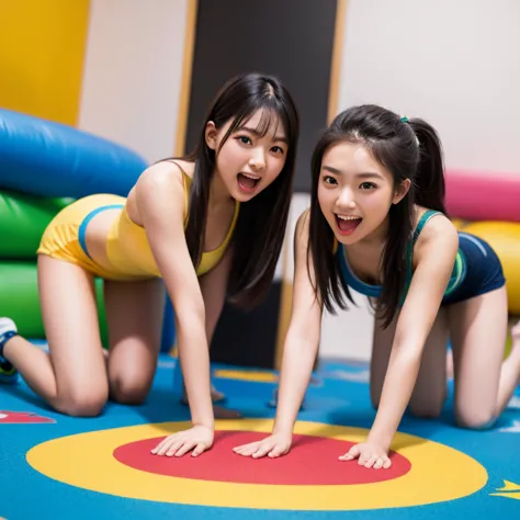 masterpiece,best quality,4k,Japanese beautiful 20Years-old Two womens are standing on a twister game mat with four red blue yellow green colors scattered on it,balance game,twister game,flexible pose,smile,screaming,