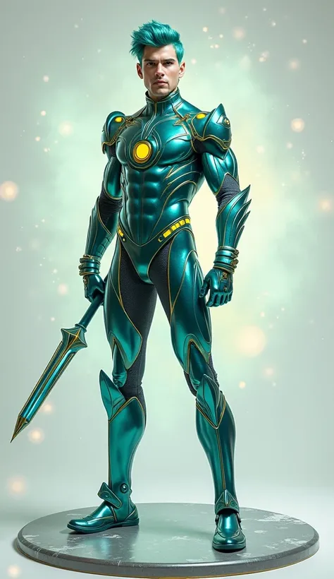  Create a realistic man ,  an attractive young handsome hunky man male hero Warrior, strong and futuristic with teal hair , wearing a teal metallic sailor micro costume .scaled texture , with yellow ornaments and details,, and bracelets that manipulate ene...