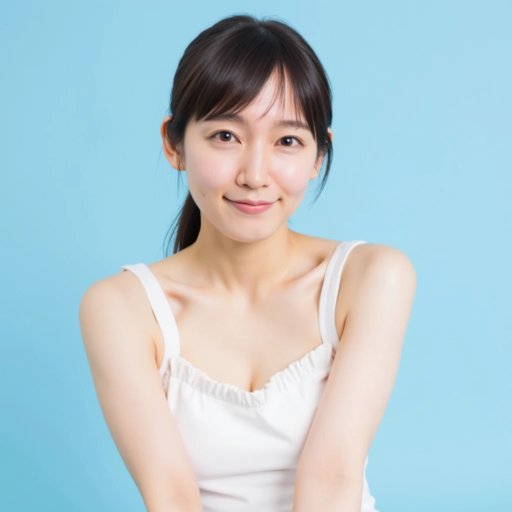  Here's a high res photo of a young Asian woman named Riho.   she has a slim figure and pure white skin  . thin腕.  she has a straight  ,   Her dark brown hair is parted in the middle 、 loosely tied at the back  ,  Sit in front of me  . , her expression is ...